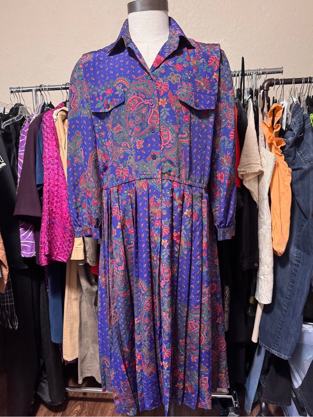 Vintage 1980s Schrader Purple Paisley Shirt Dress Size 16